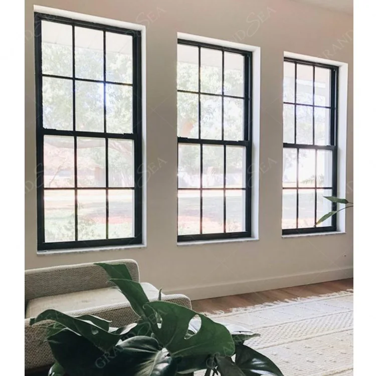 Good Quality Rated Double Glazed Aluminum Colonial Residential Single Hung Black Windows Grids