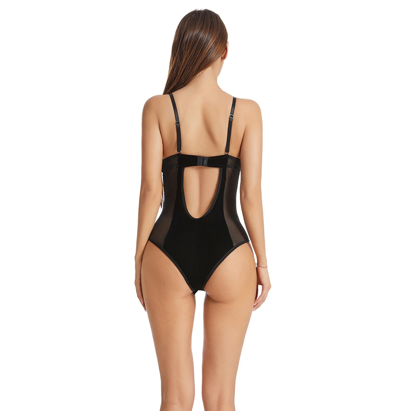 Lism wholesale custom logo ladies one piece sleeveless black clothing push up sheer lingerie set velvet bodysuits for women sexy