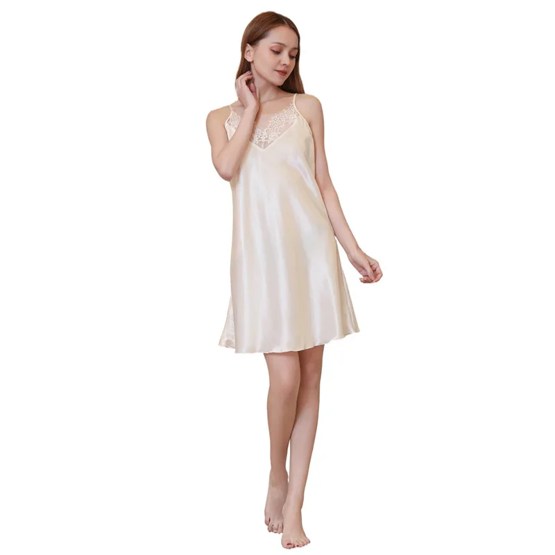 solid color  white Womens Lingerie Satin Nightgown Sexy Chemise Lace V-Neck Short Slip Negligee Sleepwear