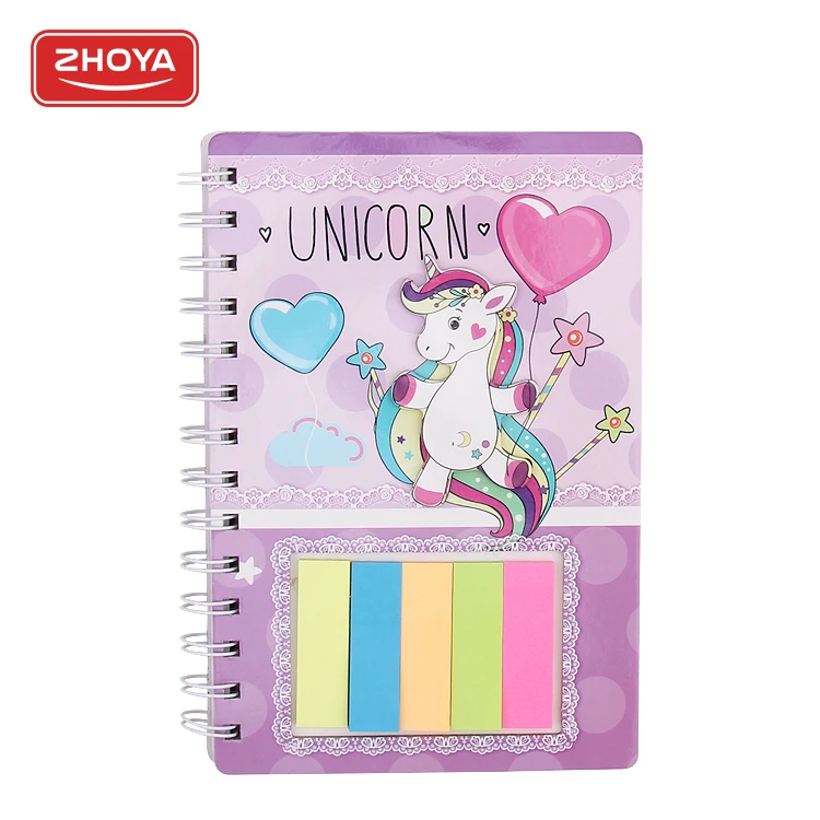 Top Sale Custom Logo Cute Unicorns Printing Diary Journal Spiral Notebook With Sticky Notes