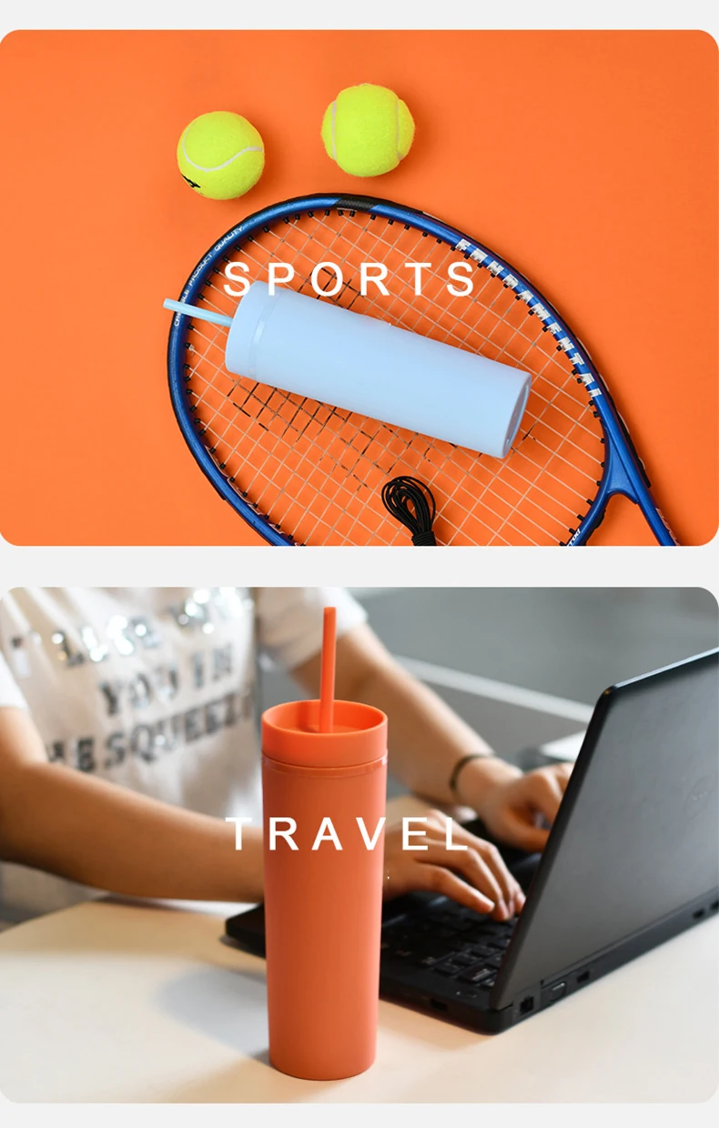 Wholesale Custom 16oz Double Wall Skinny Tumbler Reusable Cold Cup Plastic Acrylic Tumbler with Straw and Lid