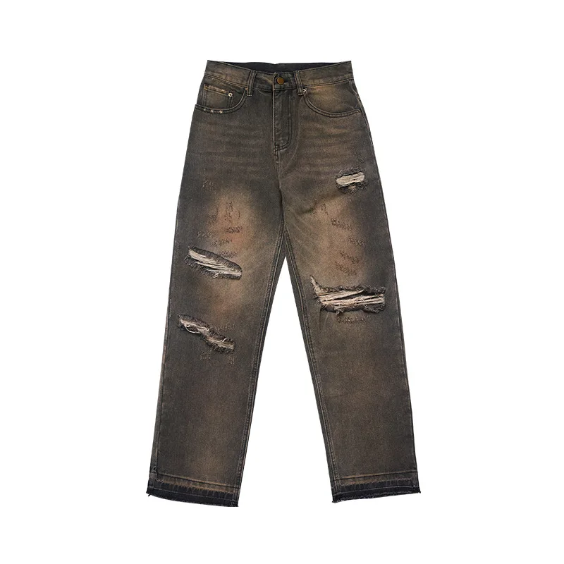 Base Wash Foot Breakage Worn Out To Make Old Casual Straight Tube Ripped Loose Jeans For Men