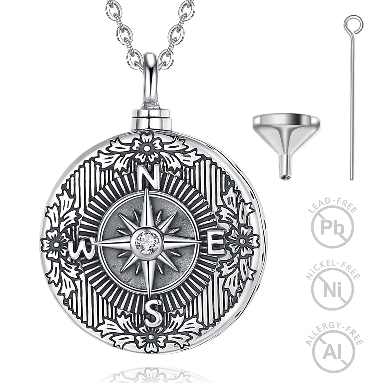 Merryshine 925 Sterling Silver Cremation Memorial Compass Keepsake Pendant Necklaces Ashes Urn Jewelry