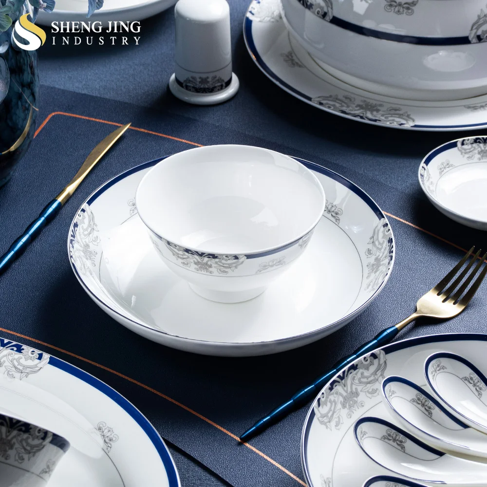 Royal Luxury White Ceramic Bone China Blue Edge Dinner Plate Bowl Gift Set Dinnerware For Restaurant Hotel Household