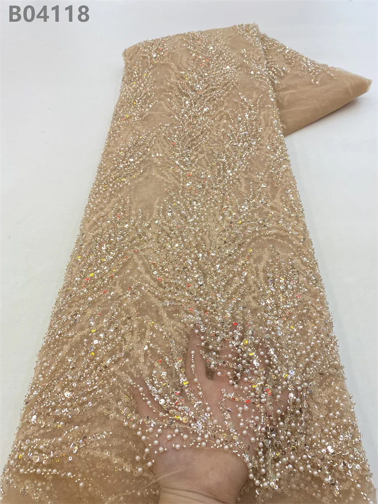 Factory Price Luxury White Lace Fabric Embroidery Sequence Beaded Embroidered Wedding Lace Fabric For Dress