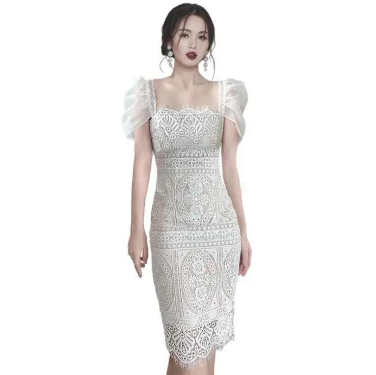 
CN0628A White evening dress female ladies temperament lace hollow dress 
