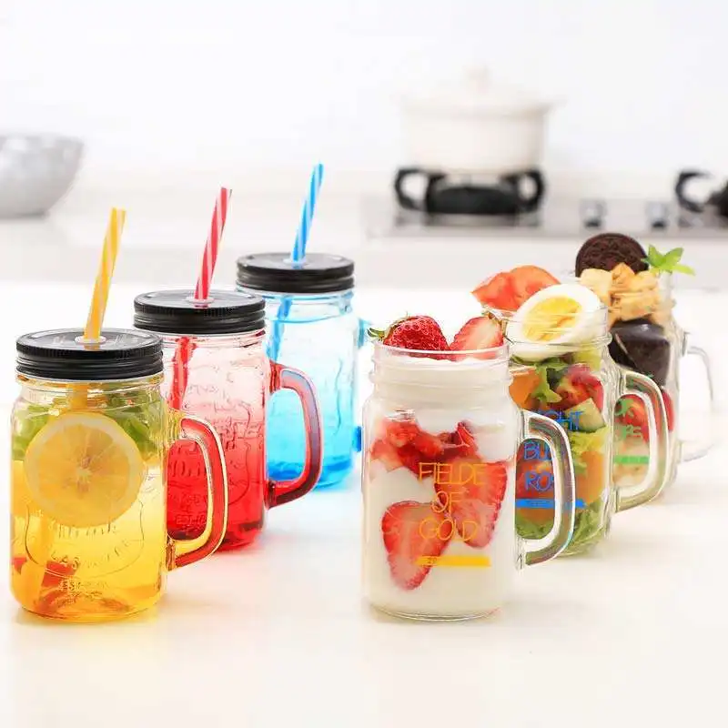 Factory Custom Color 250 ml Drinking Glasses Regular Mouth Sealing Jar Lid For Mason Cup 500ml Home Kitchen Jars With Straw Hole