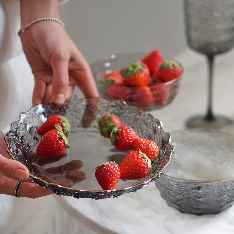 Bixuan Grey Hammered Glass Tableware 8-piece Set Glass Vase Cups Plates Salad Bowl Fruit Tray Goblet Table Decor Centerpieces