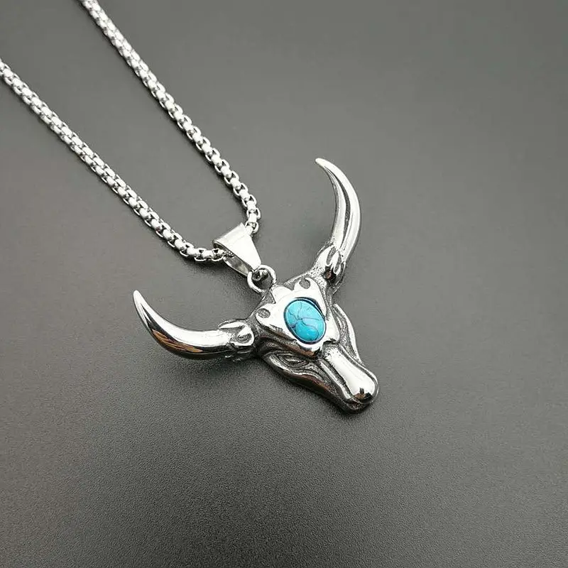 Vintage punk jewelry stainless steel turquoise bull head necklace
