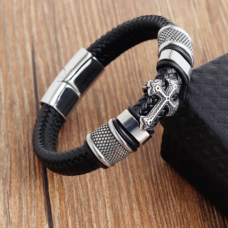 HOVNACI Amazon Popular Multilayer Leather Cross Magnetic Clasp Bracelet Fashion Handmade Braided Leather Bracelet For Men