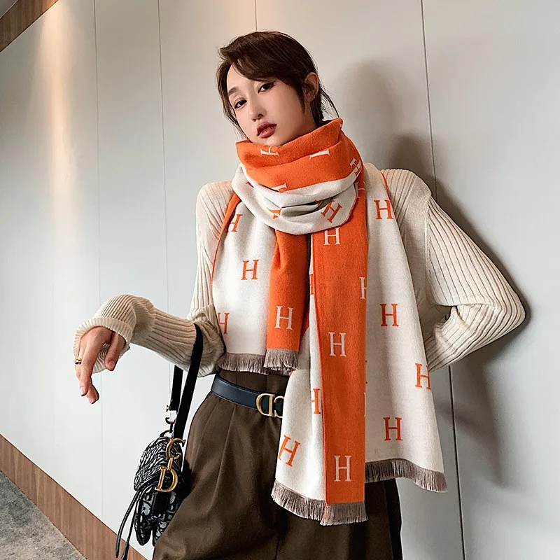 new luxury designer ladies double sided pashmina shawls fashion letter pattern scarves for women winter warm cashmere shawl
