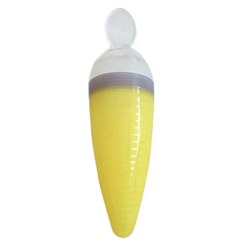 Customized OEM Squeeze Bottles Food Feeding Fresh Fruit Spoon BPA Free Factory Corn Shape LFGB Soft Silicone Baby Spoon Feeder