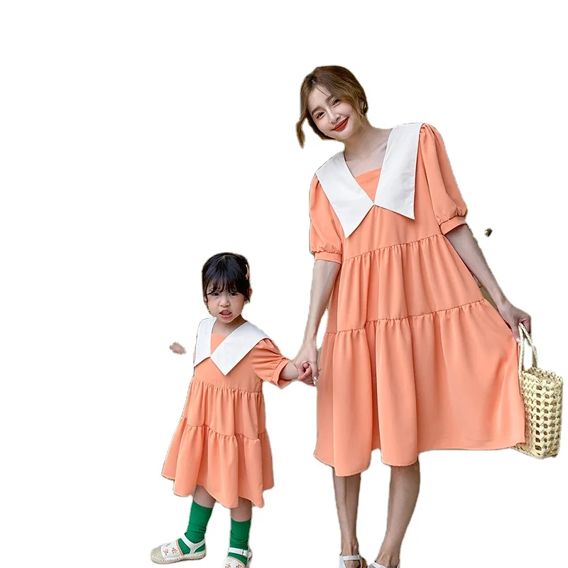 Summer Mother-daughter Two Colors Dress Little Girl Short-sleeved Dress Mommy and Me Parent-child Outfit Family Matching Clothes