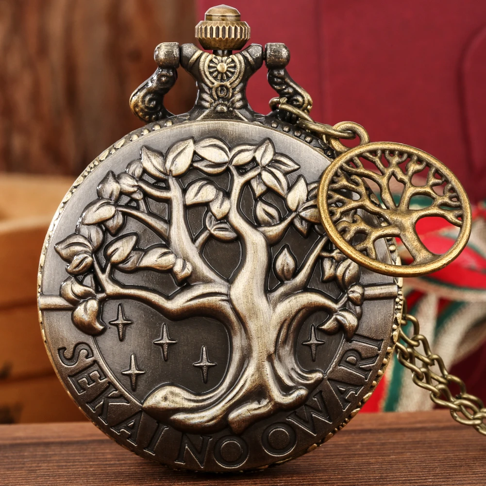 Souvenir Chain Clock Vintage Bronze Hollow Necklace Pocket Watch With Tree Of Life Pendant