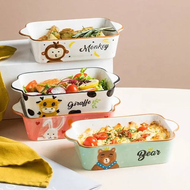 Household Cartoon Kitchen Plate Cheese Baking Dish With Double Ear Ceramic Baking Tray