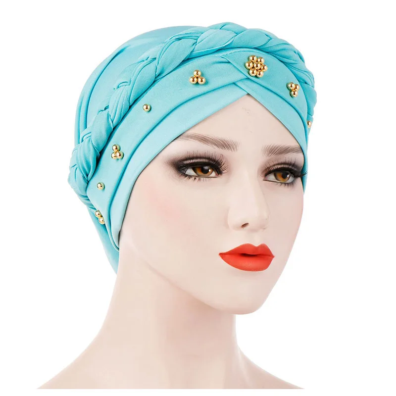 New European American Spring Tube Autumn Baotou Milk Silk Monochrome Beaded Plait Turban Headband Hat in Stock