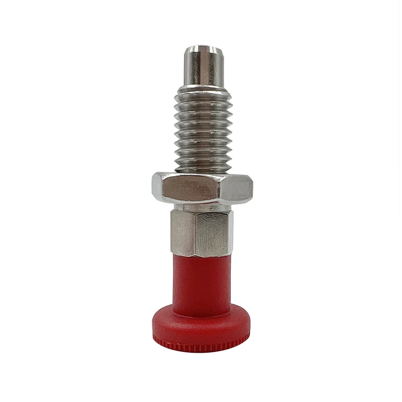 Red rubber-tipped stainless steel spring-loaded plunger puller Locking pin Manually retractable indexing plunger with nut