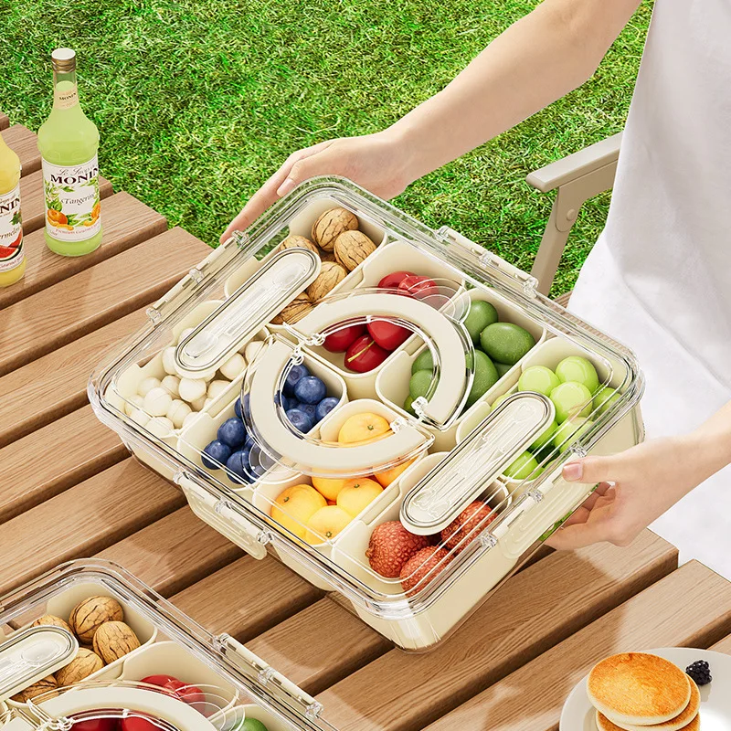 Upgraded Portable Fruits Snack Storage Box Refrigerator Fresh Food Grade Sealed Box 8-Compartment Serving Tray with fork spoon