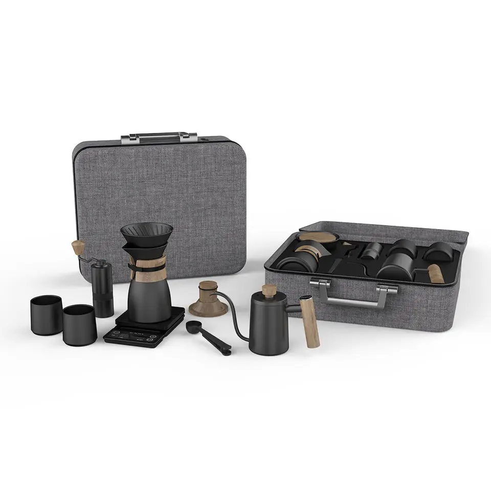 DHPO popular premium gift ceramic V60 pour over coffee table sets travel suitcase with coffee grinder and porcelain mug