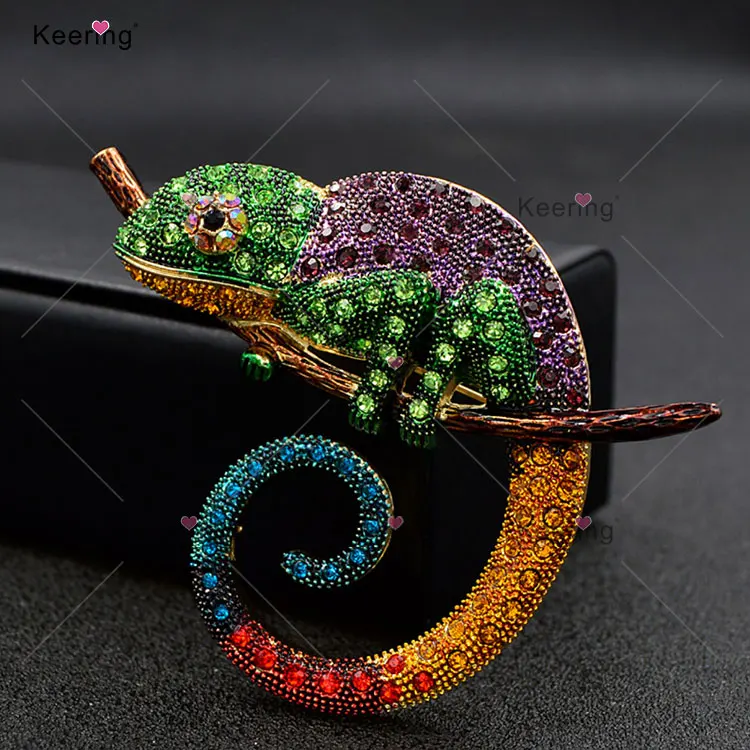 Keering Crystal Lizard Chameleon Rhinestone Broaches Women Anime Fine Jewelry Brooches For Dress Shoes Bags