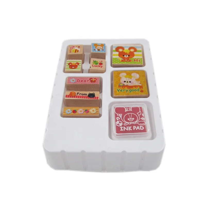 High quality Japanese funny wooden cartoon kids stamp with a mini red stamp pad