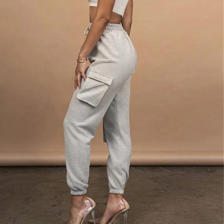 Casual Cotton Sweat Jogger Leggings for Women Plus Size Wide Leg Pants with Colored Wash Street Style Decoration Cargo Pockets