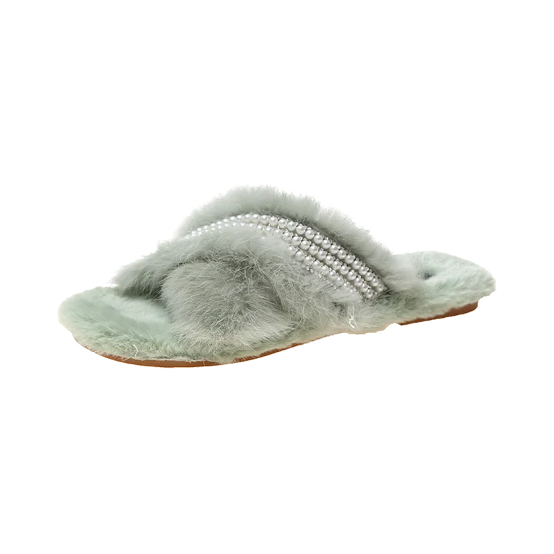 Pearl and  rhinestone flat fur slippers for women