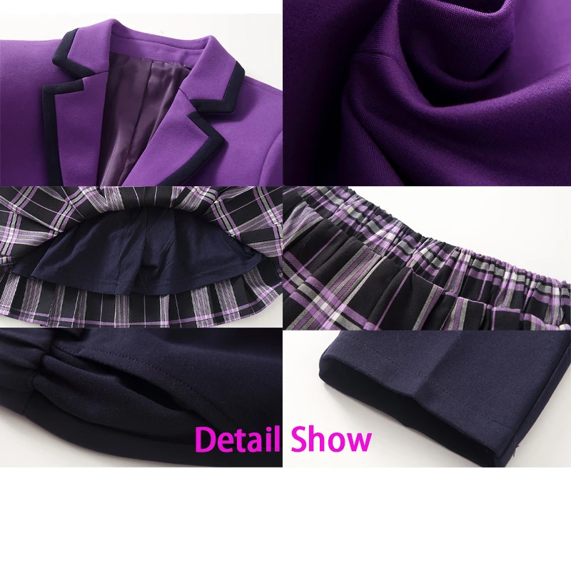 Custom European Style Design High Middle Purple Blazer Plaid Skirt Set Primary Kindergarten School Uniform for Girls