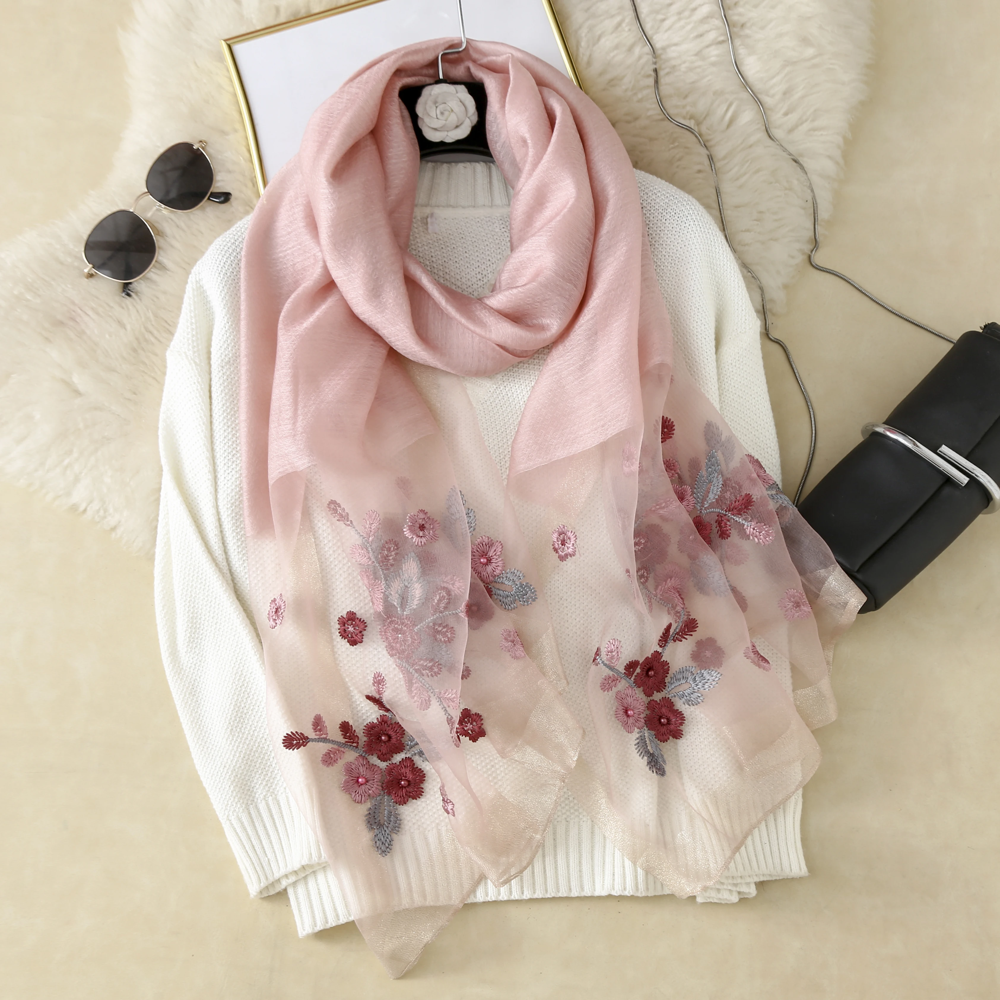 2023 new style silk wool blended silk scarves mulberry silk pashmina embroidered turban ladies scarf shawl