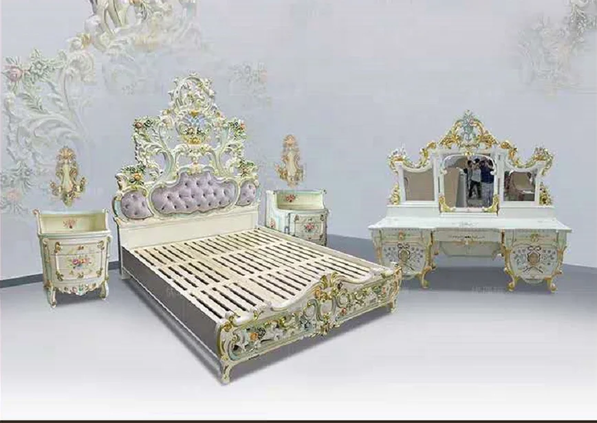 European Italian classical antique wood royal king size bedroom set