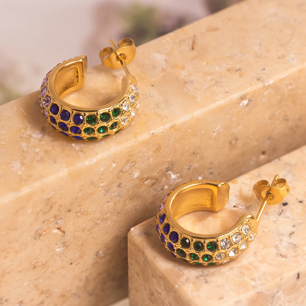 Waterproof Jewelry 18K Gold Plated Triangle Shape Design Geometric Earring Stainless Steel Colors Zircon Inlaid Women Earrings