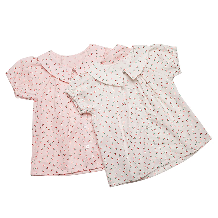 
Puff Long Sleeved Cotton Casual Vintage style Infant Baby Girl Tops Cherry Printed Custom Blouse Shirts with Headband Set 