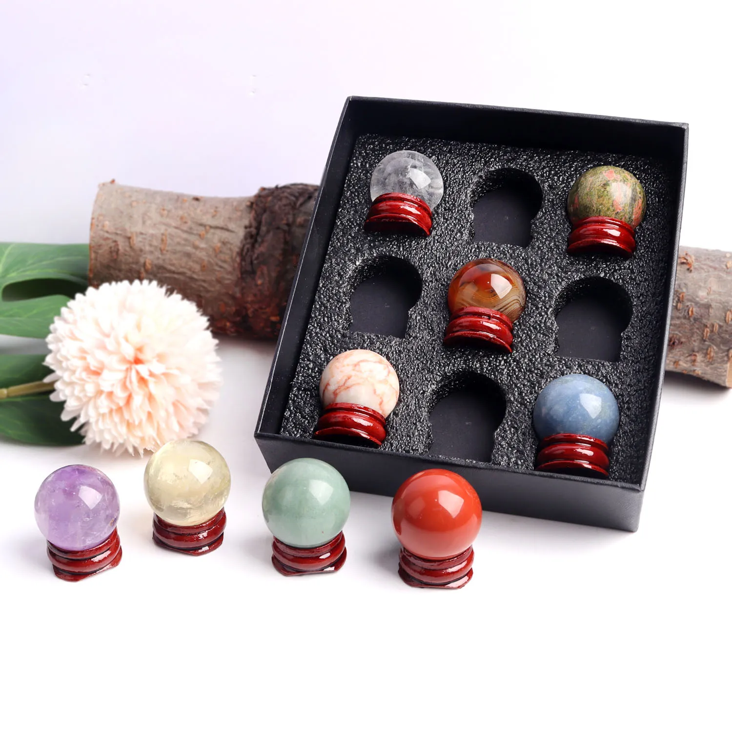 9pcs Mixed Natural Crystal 3cm Ball Quartz Chakra Stone Sphere Mineral Meditation Reiki Healing Collection Home Decor Gift Box