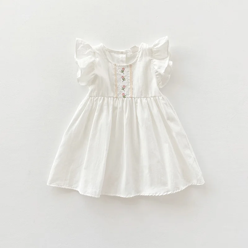Beby Girl Dress Baby Girl Summer Gown White Ruffle England Simple Design Beige Pure Cotton Short Sleeve Dress for Girls