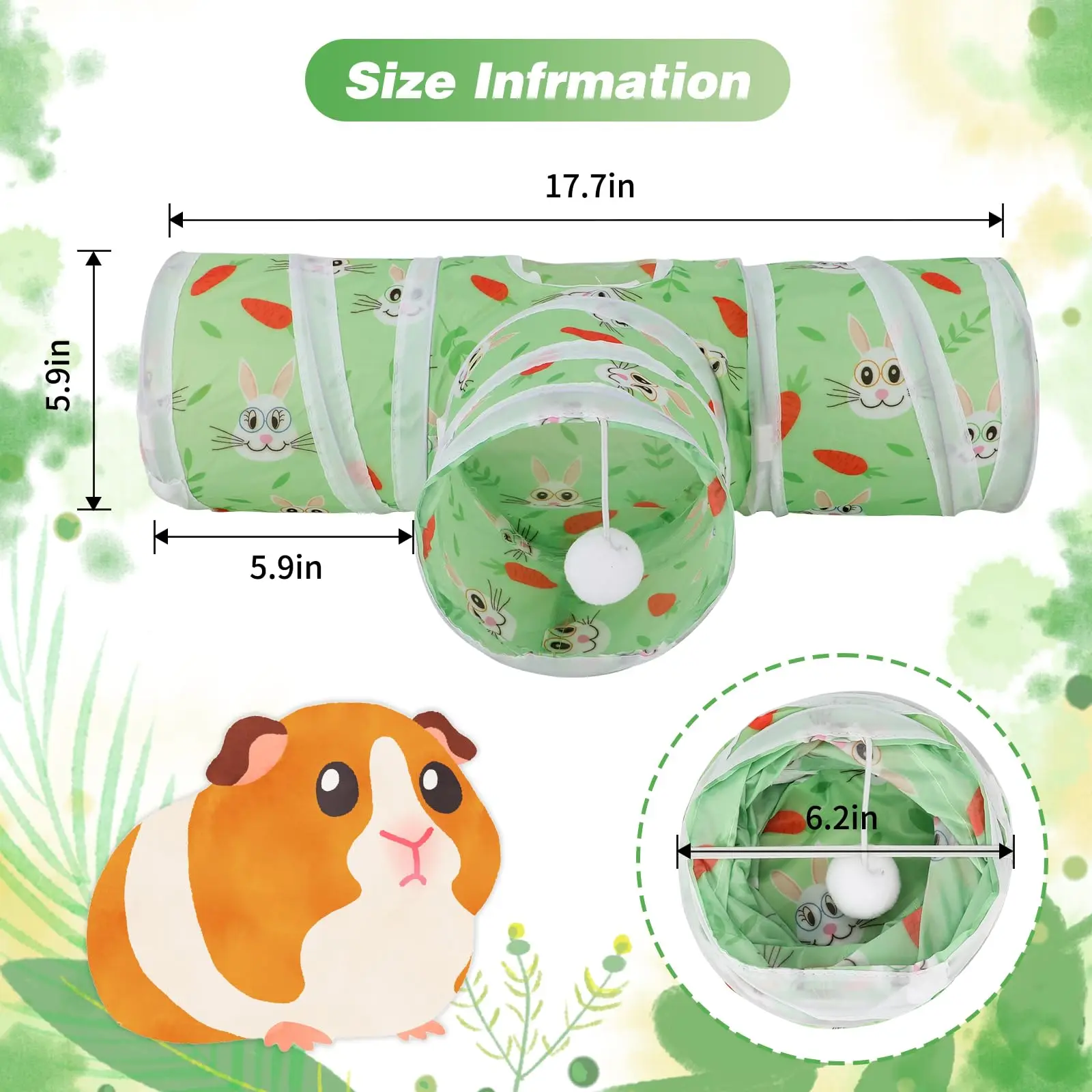 Guinea Pig Tunnel 3 Way Collapsible Small Pet Tunnels and Tubes with Interactive Ball for Baby Rabbit Ferret Hamster Chinchilla