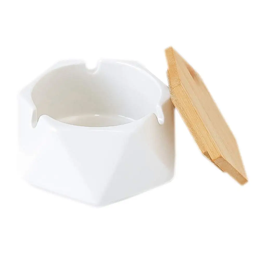 Simple Geometric smoking dish Ceramic Ashtray with Bamboo Lid Ceramic Cigar Ashtray with custom logo