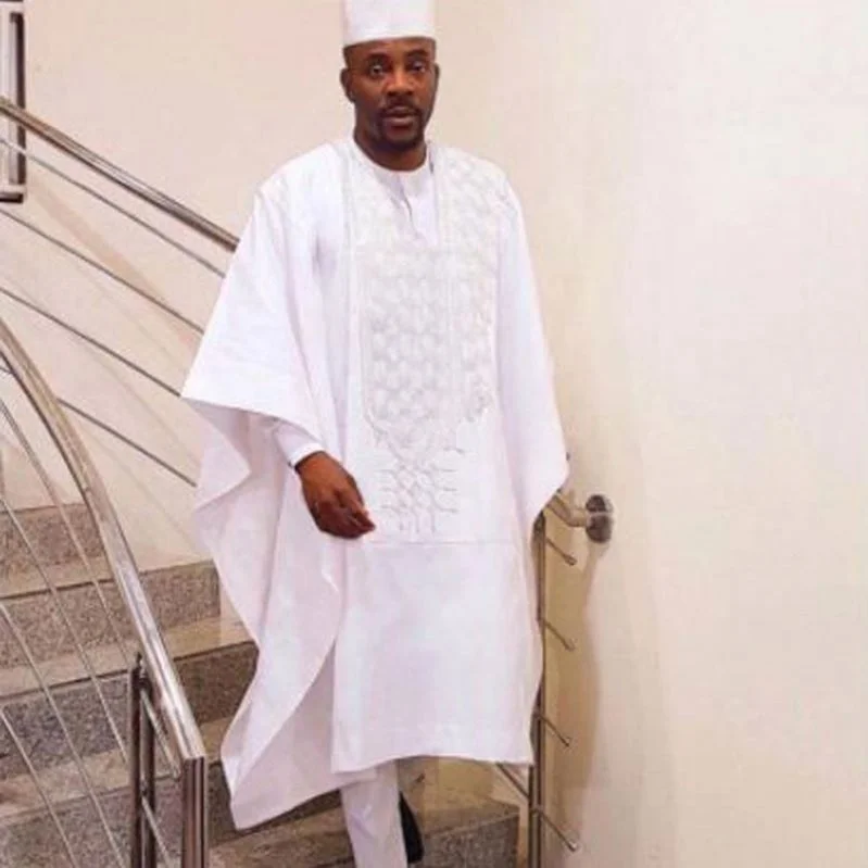  Африканский мужской костюм H & D Agbada в африканском стиле комплект из 3 предметов синяя вышивка с широкими