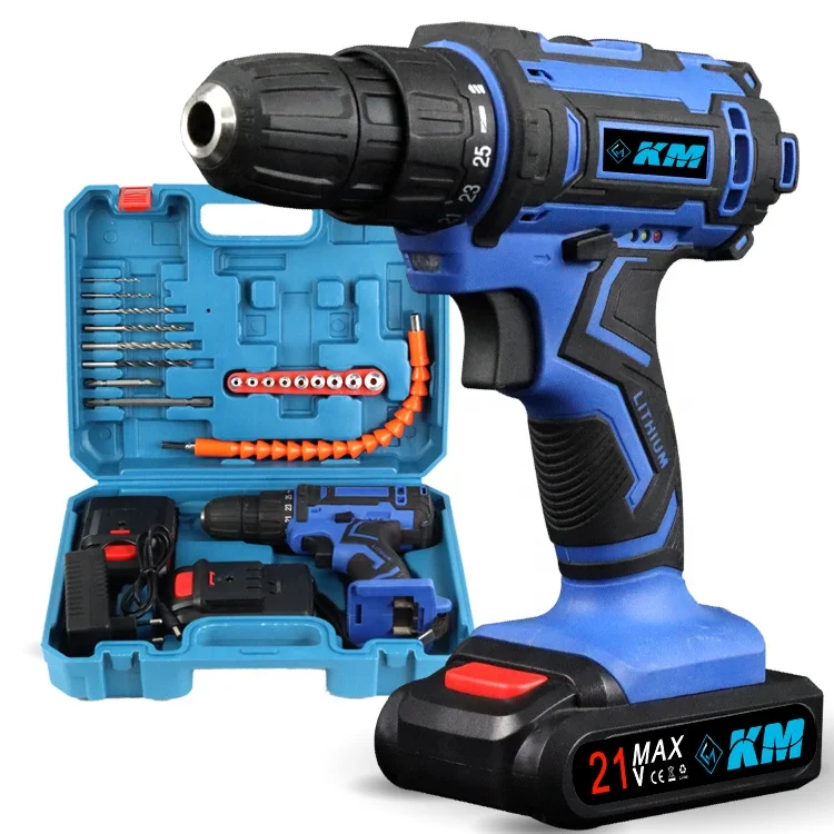 KM factory direct sell 21V strong power impact drill electric drills tools hand screwdriver Li-ion battery wireless drill 21v