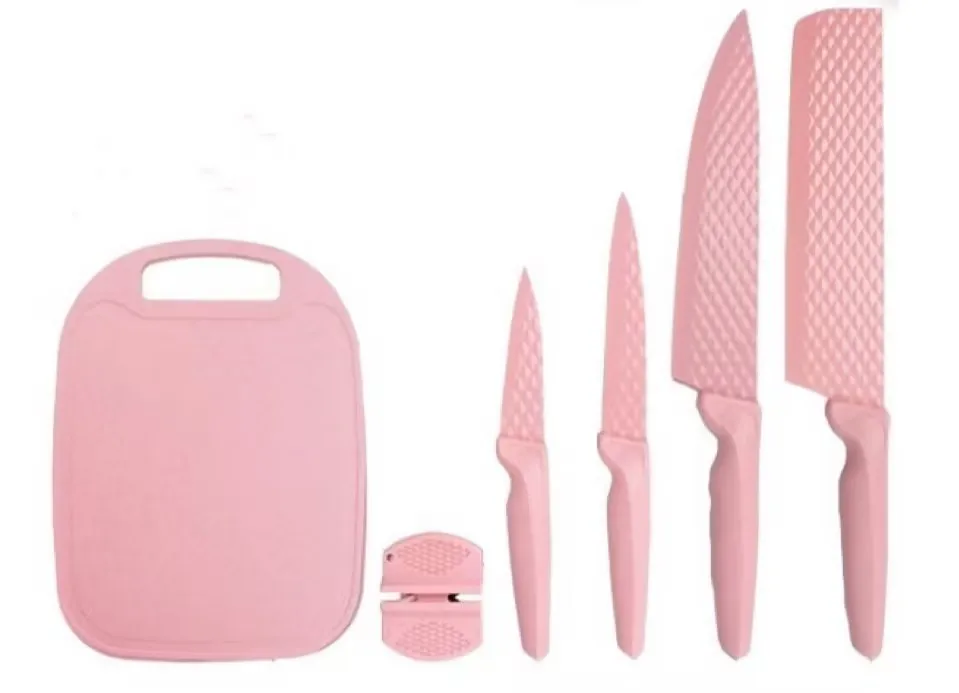 6PCS Nonstick Kitchen Knife Set Cutting Board with Knife Sharpener Christmas Gifts for Woman Girl