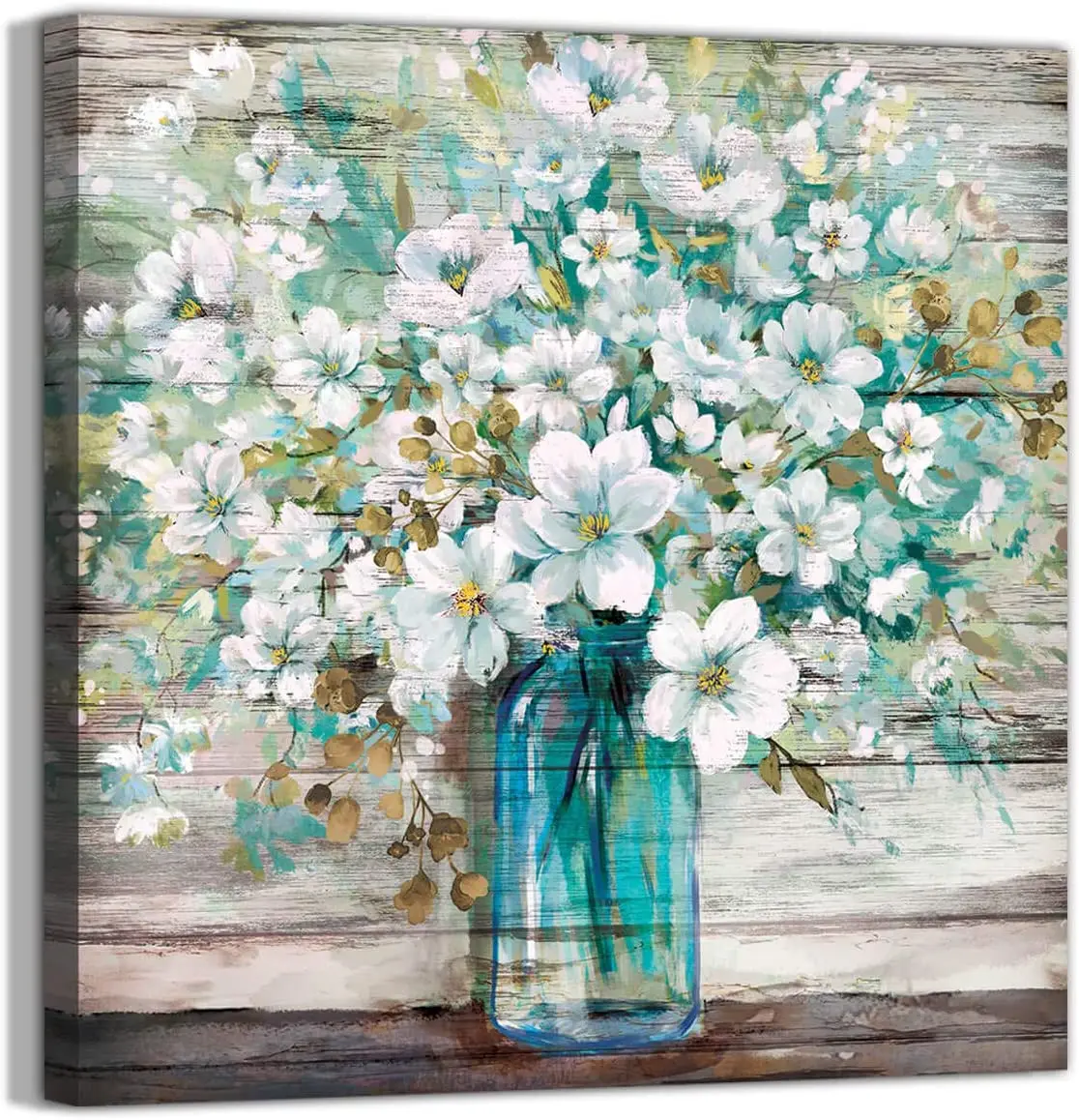 Kitchen Murals Decor Teal Blue Mason Bottle White Flowers Rustic Canvas Wall Art Print Bathroom Wall Art