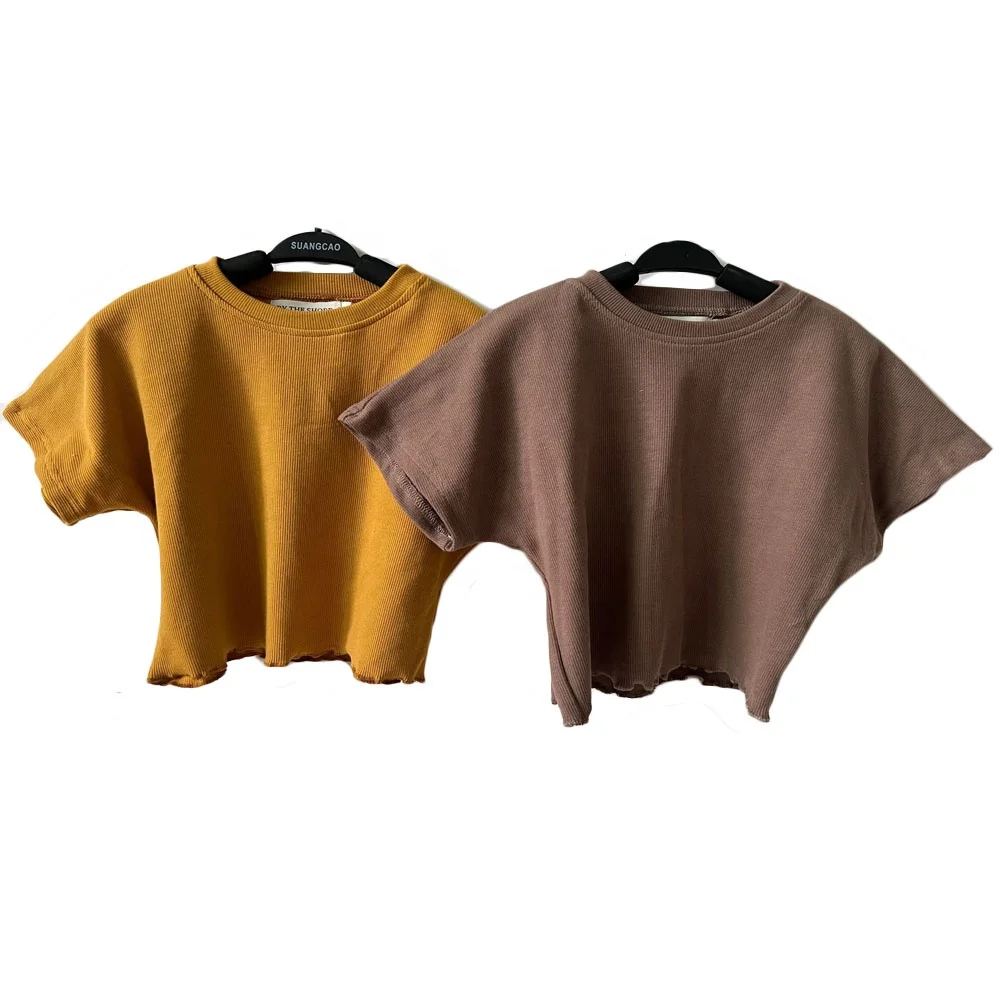 Custom girls kids 2 piece ribbed cotton set Cute girls summer clothing short sleeve top and wide leg pant set