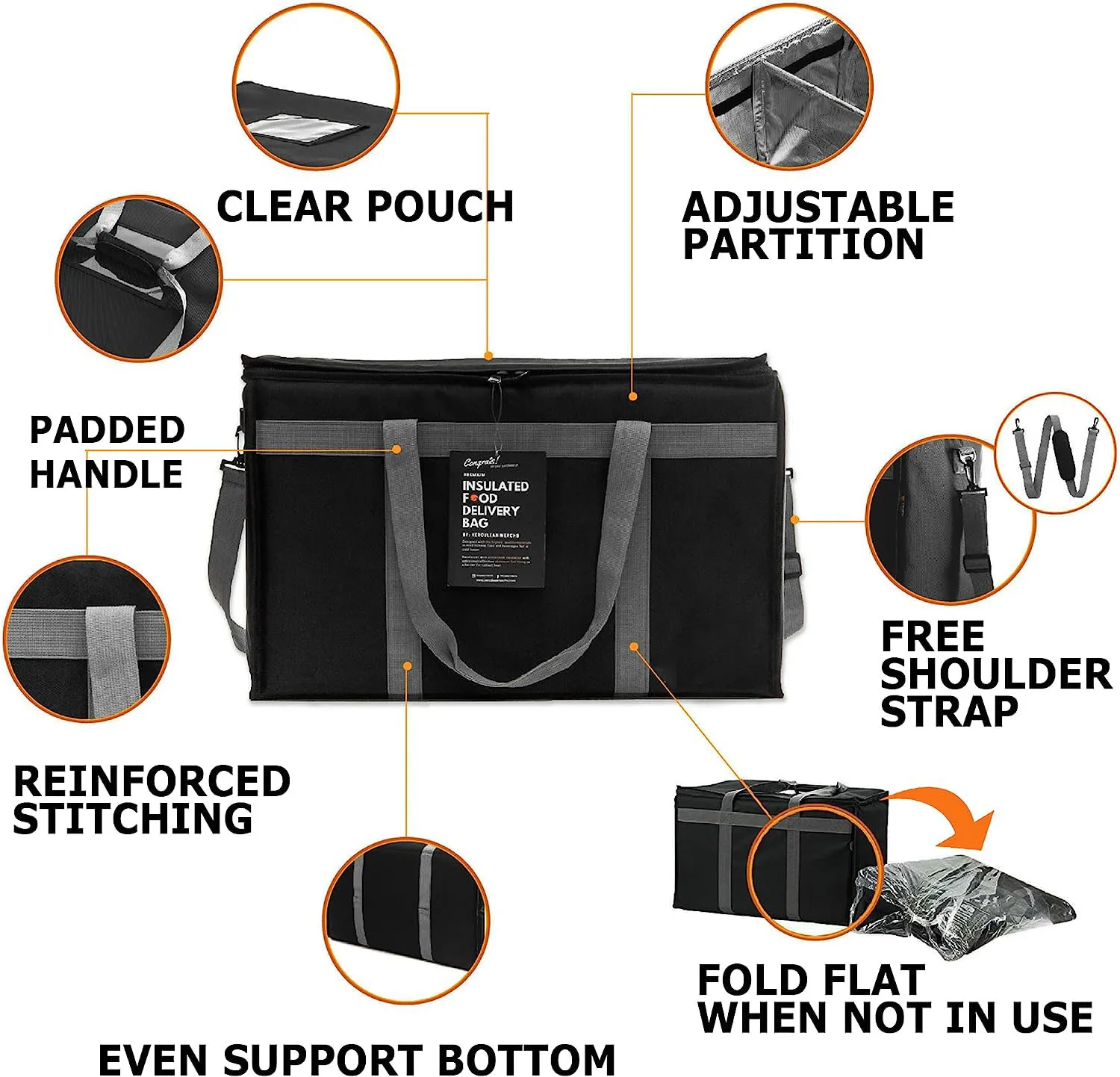 Large Premium Insulated Commercial Catering Delivery Bag for Hot and Cold Thermal Food transport with YKK zipper Takeaway Food b