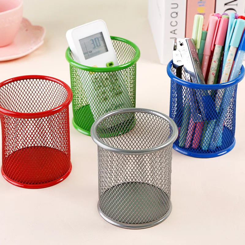 K1017 Black Desk Office Pen Organizer Round Table Metal Wire Mesh Pencil Cup Pen Holder