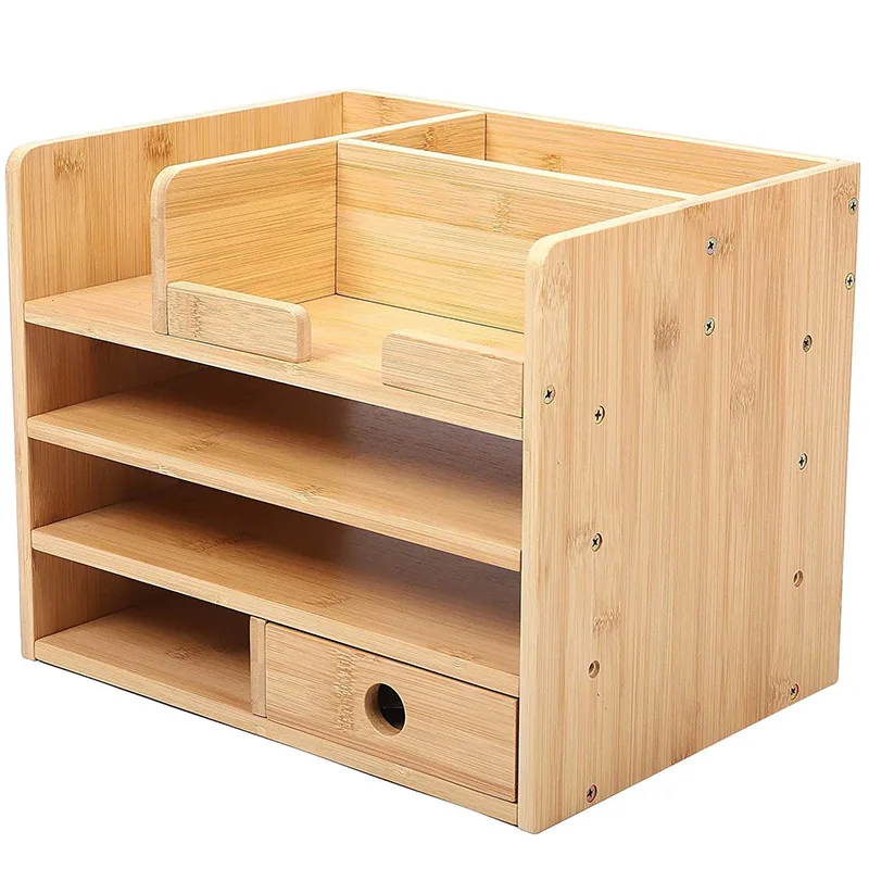 Bamboo Desk Organizer Wood Desktop Storage Drawers for Stationery, Documents Files Office Accessories