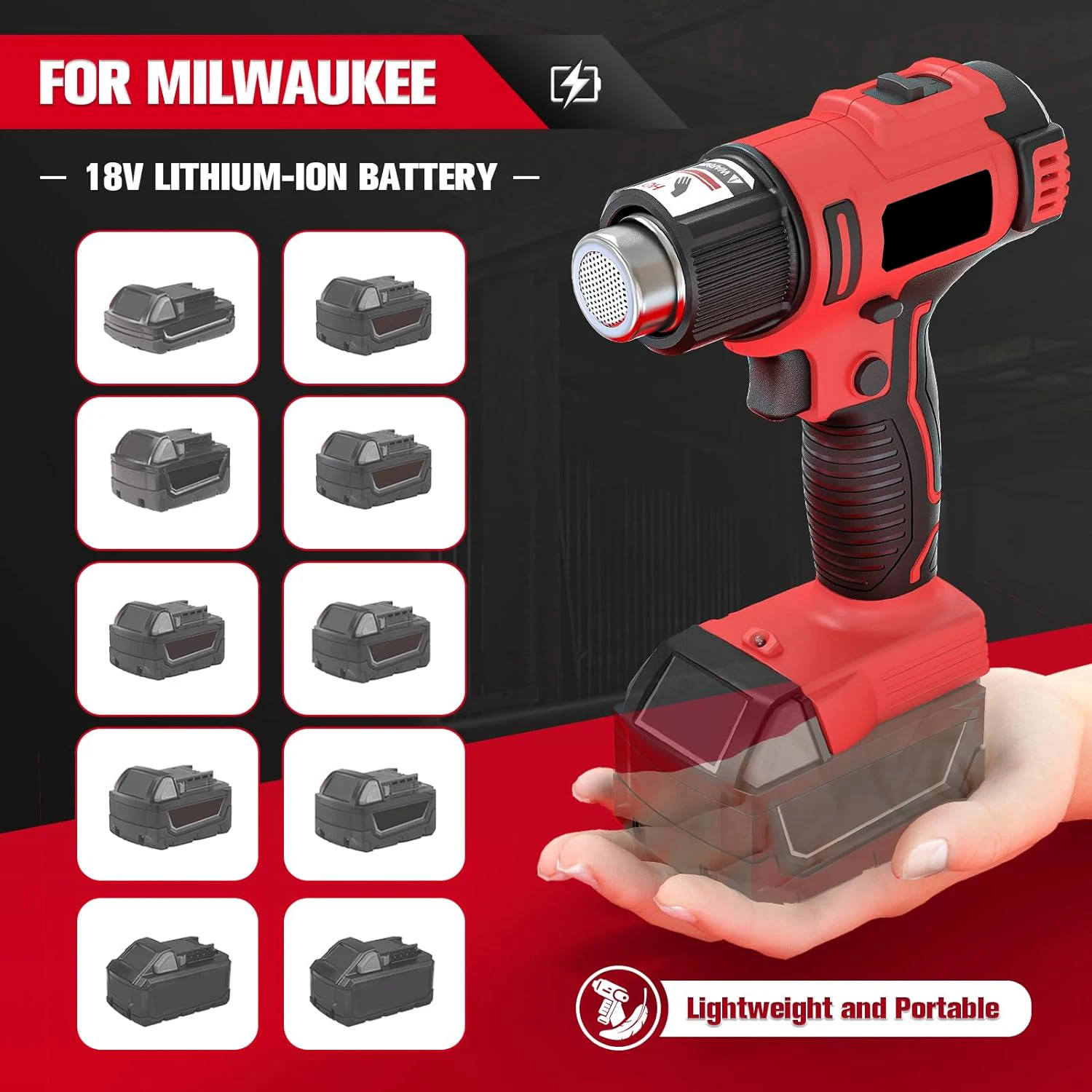 Cordless Heat Gun for Milwaukee m18 Battery 350W Hot Air Gun I: 300℃ 572°F, II: 550℃ 1022°F Dual Temperature Control
