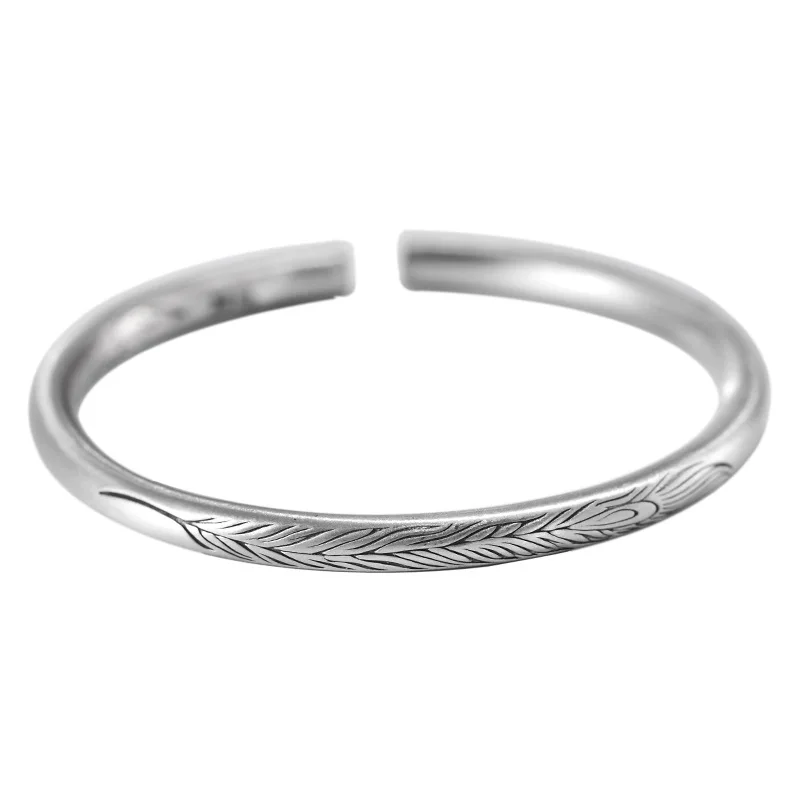 SKA 999 silver simple bracelet glossy frosted leaf feather opening ladies versatile bracelet 925 silver bracelets