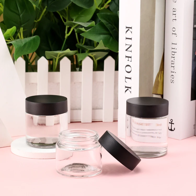 1oz 2oz 3oz 4oz transparent wide mouth screw type lid wholesale black child proof lid airtight storage glass jar