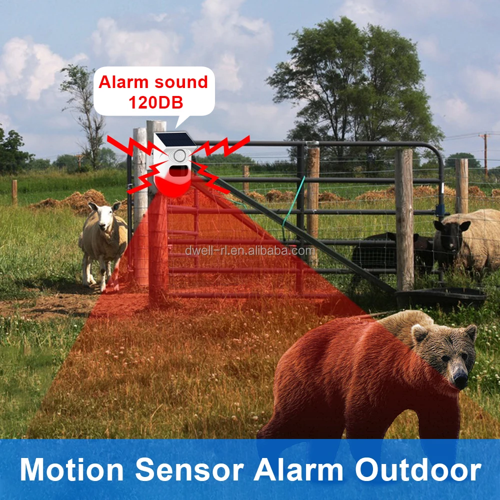 Solar Sound & Light Alarm Outdoor Motion Sensor 120db Siren Sound Alert
