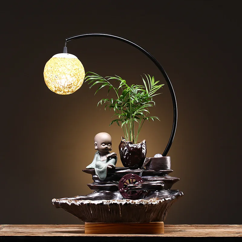 creative Flowing waterfall home decor ornament zen style resin water fountain with lantern for home decor