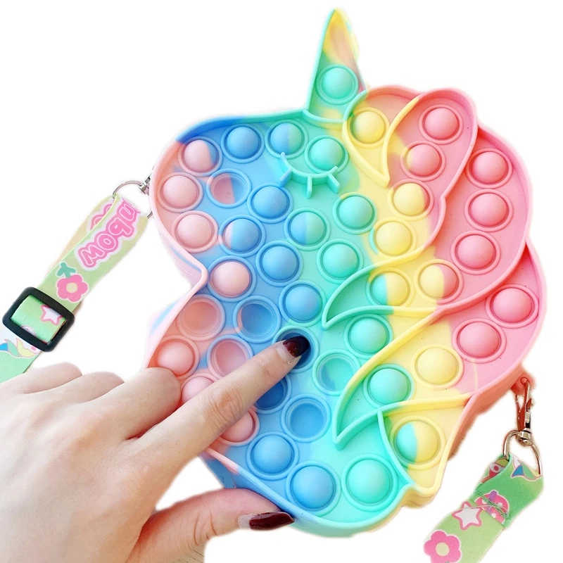 2022 силиконовые Пузырьковые мешки-антистресс с единорогом, сумка через плечо, сумка-антистресс с единорогом для детей и